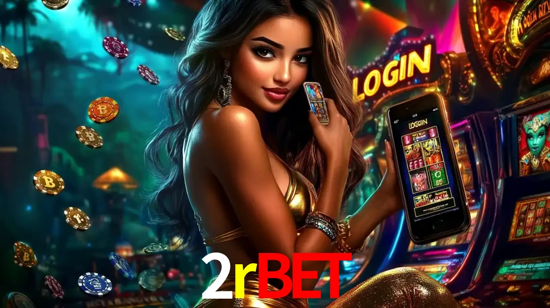 Mulher em um cenário de cassino temático de aventura, mostrando o app de caça-níqueis da 2rbet no celular. Fichas de apostas flutuam ao redor.