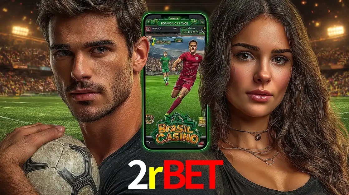 Homem segurando uma bola de futebol e uma mulher ao lado de um smartphone exibindo o jogo de apostas esportivas da 2rbet. Faça seu palpite no cassino online.